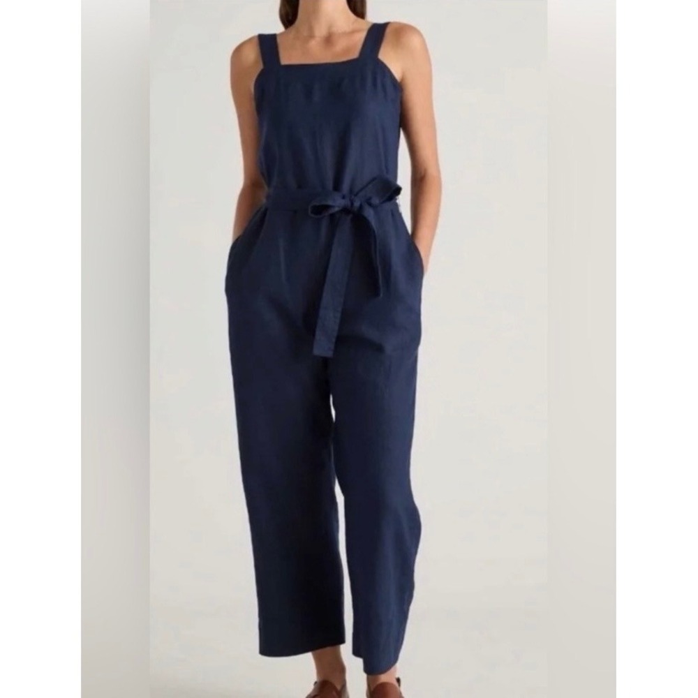 Quince 100% European Linen Square Neck Jumpsuit Belted Deep Navy Medium